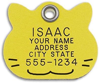 LuckyPet Pet ID Tag - Yellow Plastic Cat Face - Durable Cat Tag - Easy to Read - Reflective on Back - Size: Small