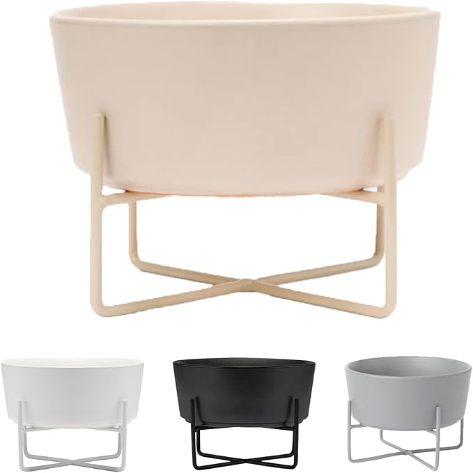 Waggo Simple Solid Dog Bowl and Dog Bowl Stand - Single Iron Stand with Single Ceramic Feeder or Water Bowl (Small, Matte Buttercream)