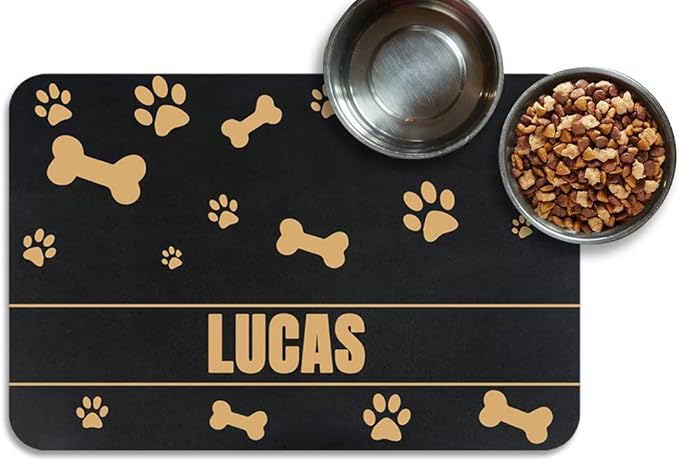 Personalized Cat Dog Food Mat - Non-Slip, Waterproof, Custom Pet Mat with Golden Bone and Paw Prints