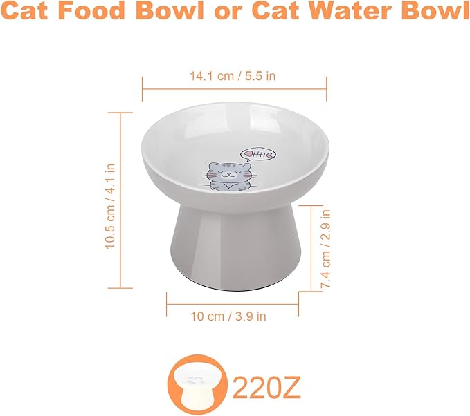 Ceramic Raised Cat Bowl, Elevated Cat Food Bowl with Non-Slip Base,Whisker Friendly Shallow Feeder for Dry & Wet Food, Dishwasher Safe, Anti Vomiting (Grey)