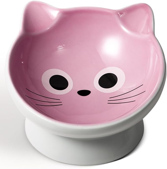 Raised Cat Food Bowl Ceramic 15° Tilted Cat Food Bowls Protect Cat's Spine Anti Vomiting Backflow Prevention for Adult, Kitten, and Small Dogs (Pink)