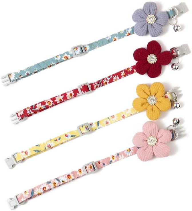 Cute Puppy Collar for Girl, 2 Pack Small Dog Collar with Flower XS Dog Collars for Female Dogs Floral Cat Collar with Bell Adjustable for Tiny Little XXS Extra Small Pets Kittens Dogs, XSmall