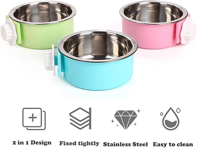 Love Dream Crate Dog Cat Bowls, Removable Stainless Steel Hanging Pet Cage Bowls for Kennel, Water Food Feeder Cage Coop Cup for Cats, Dogs, Rabbits and Small Animals (Small, Pink)
