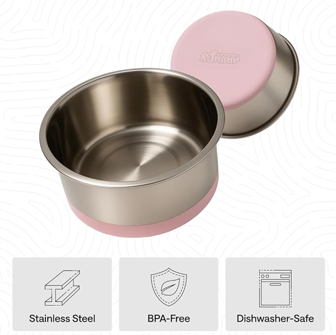 GORILLA GRIP Dog Bowls, Food Grade 304 Stainless Steel, Holds 2 Cups Each (16 fl oz) Food and Water Bowl for Feeding Dogs and Cats, Dishwasher Safe, Rust Resistant, BPA Free Rubber Base Set of 2 Pink
