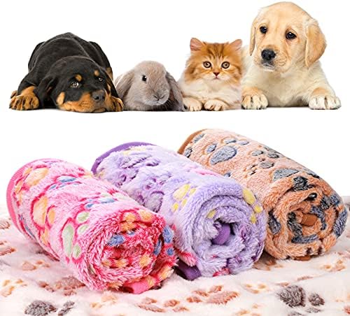 Tatuo 4 Pcs Dog Blanket for Pet Puppy Teething Toys Paw Print Fleece Blanket for Pet Cat Soft Warm Sleep Mat Guinea Pig Cage Mat(Medium(30 x 20.5 Inch),White, Coffee, Pink, Purple)