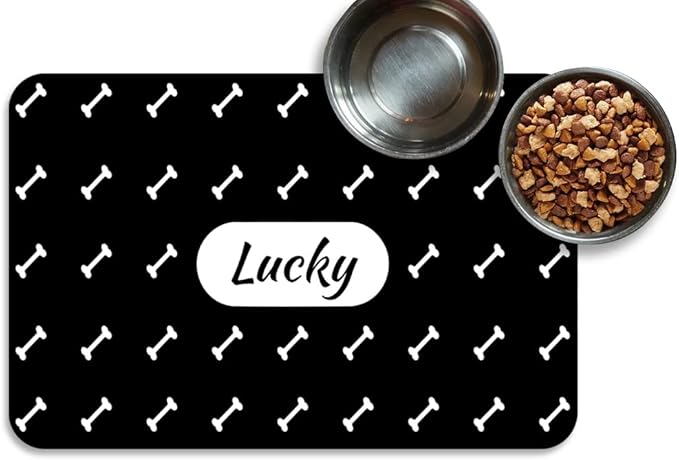 Personalized Dog Cat Food Mat - PU Non-Slip Bottom, Waterproof, Custom Pet Bowl Mat for Food and Water (Bone)