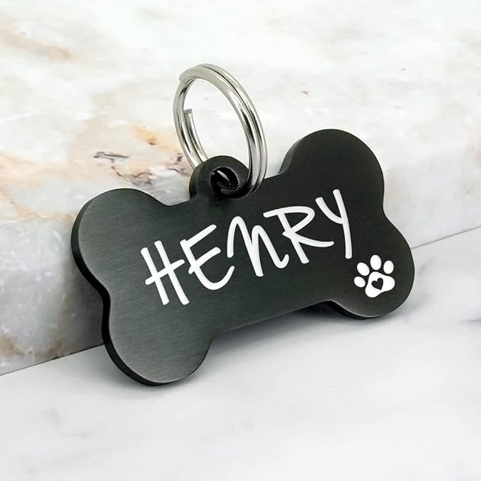 Ultra Joys Personalized Dog Tags for Pets - Durable Stainless Steel Customizable Dog Cat ID Tags - Dog Tags for Safety Optional Engraved on Both Sides -Bone Shape Dog Tag Small Size, Black