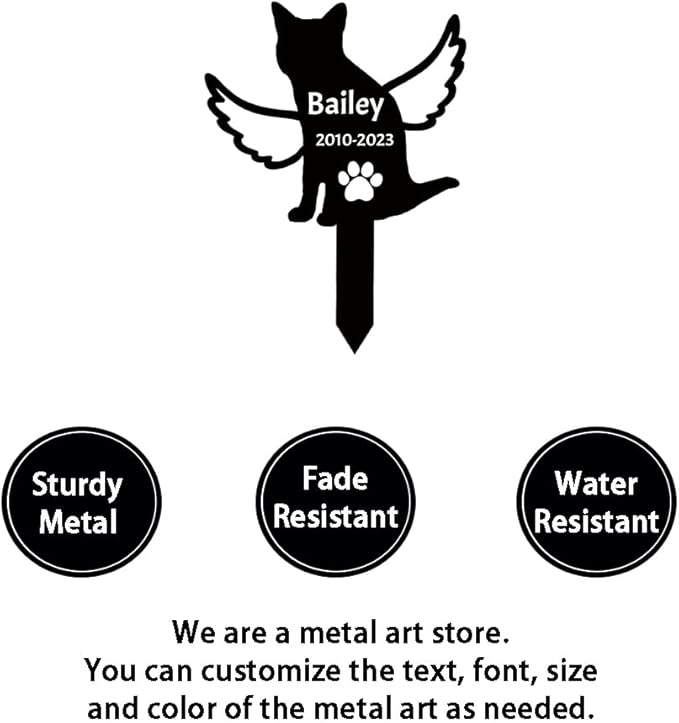 Personalized Metal Cat Memorial Grave Marker, Custom Cat Memorial Grave Marker Cat with Wings Memorial Garden Stake, Customized Paws Cat Marker Name Stake Cat Loss Gift for Garden Decor