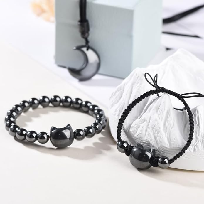 Black Obsidian Cat Bracelet and Moon Pendant Necklace Jewelry Set-Cat Lover Gifts,Wealth Attraction,Good Luck,Bead Bracelet,Mindfulness,Beaded Bracelets, Obsidian Pendant Necklace-Cute Gifts for Women