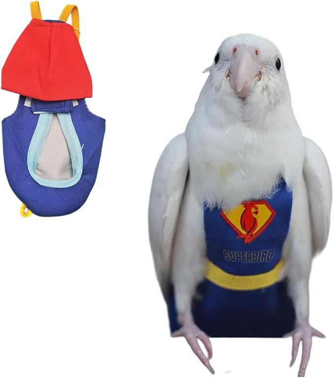 Parrot Flight Suit Diaper (Without Leash) - Reusable Bird Diaper for Budgies, Lovebirds, Cockatiels, and More - Fabric Bird Suit (Blue Superman-M)