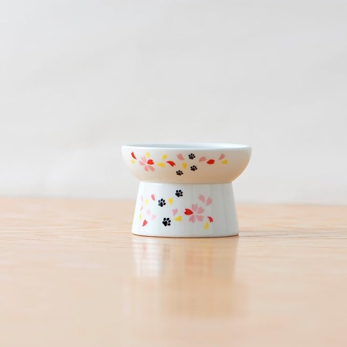 Necoichi Raised Cat Food Bowl – Ceramic Elevated Cat Bowl for Whisker & Neck Fatigue, Dishwasher Microwave Safe – Non-Slip & Anti Vomiting Ergonomic Design (Sakura Floral, Regular, 1-Cup Capacity)