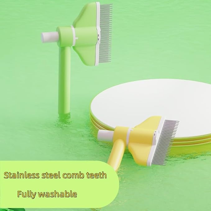 Cat Grooming Brush with 360° Rotating Head - Flea Comb & Hair Removal Brush for Indoor Cats, Anti-Static Stainless Steel Teeth & Ergonomic Grip Deshedding Care (Yellow)