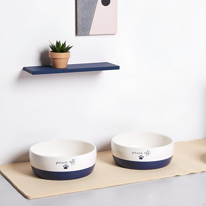Pearhead Ceramic Cat Bowl – Navy Blue “Paws Off” Design, Holds 12 oz, Stoneware Pet Dish, Non-Skid Feeding Bowl