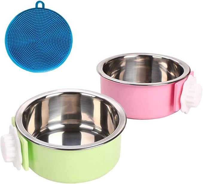 Love Dream Crate Dog Cat Bowls, Removable Stainless Steel Hanging Pet Cage Bowls Kennel, Food Water Feeder with Bolt for Puppy Rabbits Birds 2 Pack with Silicone Sponge Dish Brush