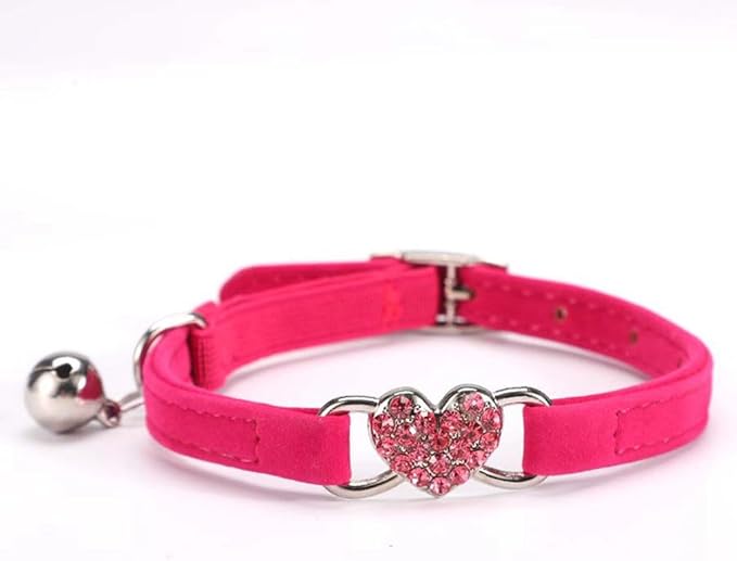 XXS Dog Collar with Bell, Bling Rhinestone Heart Soft Velvet Kitten Collars with Bells for Xs Tiny Dogs Girls Pet Cats, Hot Pink