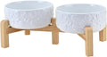 SPUNKYJUNKY Elevated Dog Bowls Ceramic, 5.1'' Dogs and Cat Food Water Bowls Raised with Non-Slip Bamboo Stand for Puppy Small Sized Breed Microwave Dishwasher Safe - 13.5 OZ,Skull White