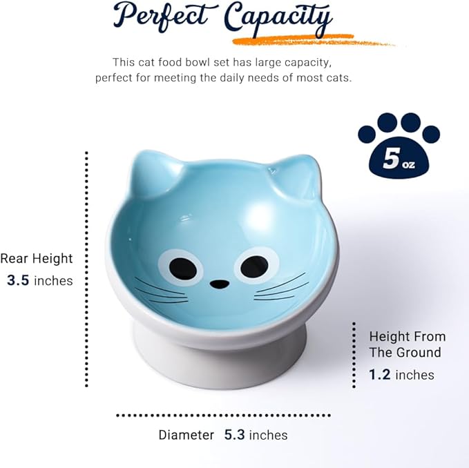 Raised Ceramic Cat Food Bowl - 15 Tilted, Spine Protection, Anti-Vomiting, Backflow Prevention for Adult Cats, Kittens, and Small Dogs (Blue Face)