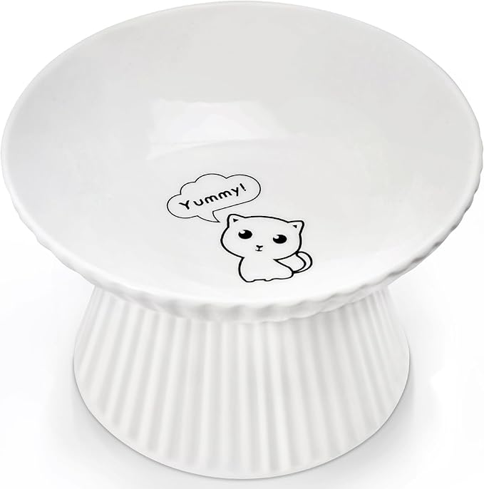 Upgraded 6.5" Extra Wide Ceramic Elevated Cat Bowl, Whisker Friendly Raised Cat Food Bowl for Food and Water, Anti-Vomiting High Cat Dish for Indoor Cats, Dishwasher Safe & Microwaveable