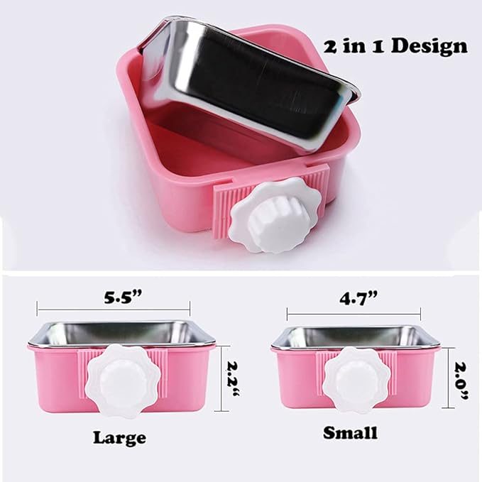 Love Dream Crate Dog Cat Bowls, Hanging Pet Cage Food Water Feeder with Removable Stainless Steel Bowls and Bolt Holder for Puppy Cat Rabbit Birds (Large, Pink)
