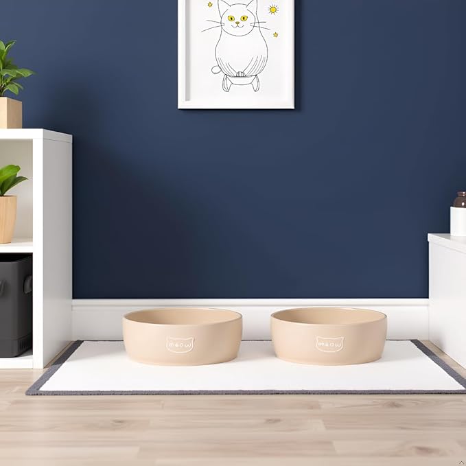 Pearhead Ceramic Cat Bowl – Neutral Taupe “Meow” Design, Holds 1.3 Cups, Stoneware Pet Dish, Whisker-Friendly Pet Feeding Bowl, Non-Skid, Small (Pack of 2)