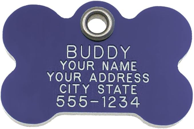 Durable Plastic Pet ID Tag, Outlasts Cheap Aluminum Tags for The Same Price, Custom Engraved, Small Purple Bone