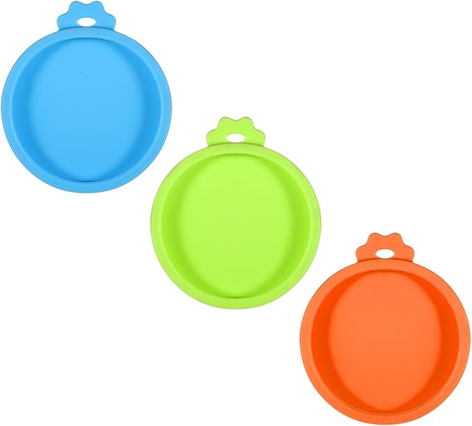 EupHHonycs 3 Pack Cat Food Lids for Cans Silicone Cat Food Can Lids Pet Foods Universal Cats Foods Cover Lid for 3 oz Cats Wet Cans Pet Storage(Blue+Green+Orange)