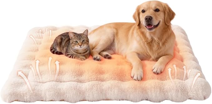 Self-Warming Dog Bed, Plush Faux Fur Mat with Anti-Slip Bottom, Ultra Soft Heated Pet Bed for Medium Large Dogs, Cozy Fluffy Pad for Carriers Couch Crate, Machine Washable, 35 x 27 Inch White