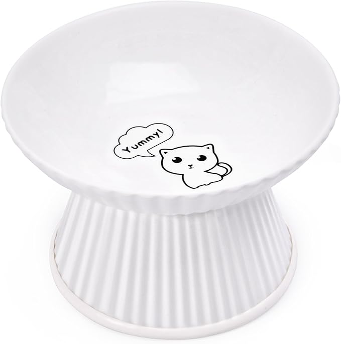 Upgraded 6.5" Extra Wide Ceramic Elevated Cat Bowl, Whisker Friendly Raised Cat Food Bowl for Food and Water, Anti-Vomiting High Cat Dish for Indoor Cats, Dishwasher Safe & Microwaveable