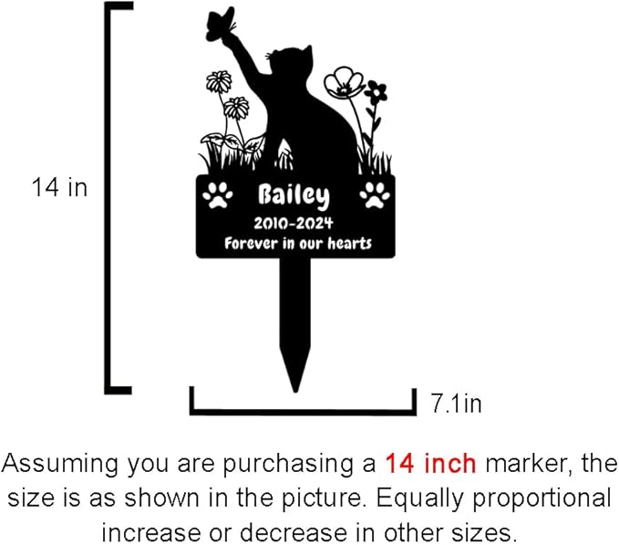Custom Cat Grave Marker Cat Burial Stake, Personalized Butterfly Flowers Cat Memorial Garden Stake, Metal Cat Memorial Plaque for Outdoors, Customized Pet Headstone