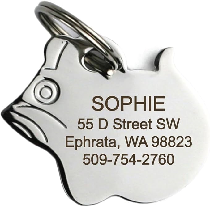 GoTags Stainless Steel Cat ID Tags, Available in Mouse and Cat Shapes, Includes up to 4 Lines of Custom Engraved Personalized Text, (Mouse)