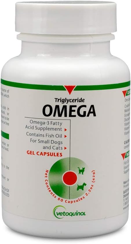 Vetoquinol Triglyceride Omega 3 Supplement for Dogs and Cats, Fish Oil Supplement with EPA and DHA, Promotes Skin, Coat, Joint, and Immune Health, Omega 3 Fish Oil for Dogs and Cats up to 30lbs, 60ct