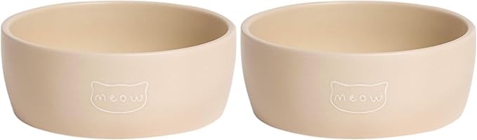 Pearhead Ceramic Cat Bowl – Neutral Taupe “Meow” Design, Holds 1.3 Cups, Stoneware Pet Dish, Whisker-Friendly Pet Feeding Bowl, Non-Skid, Small (Pack of 2)