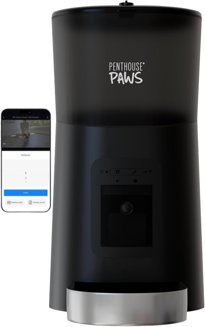 Penthouse Paws Smart HD Automatic Pet Feeder, 6L Dry Food Capacity, 1080p Camera, 2-Way Audio, Scheduled Meals, Backup Power, Easy to Clean, Anti-Jam Design for Cat & Dog, Black/Stainless Steel