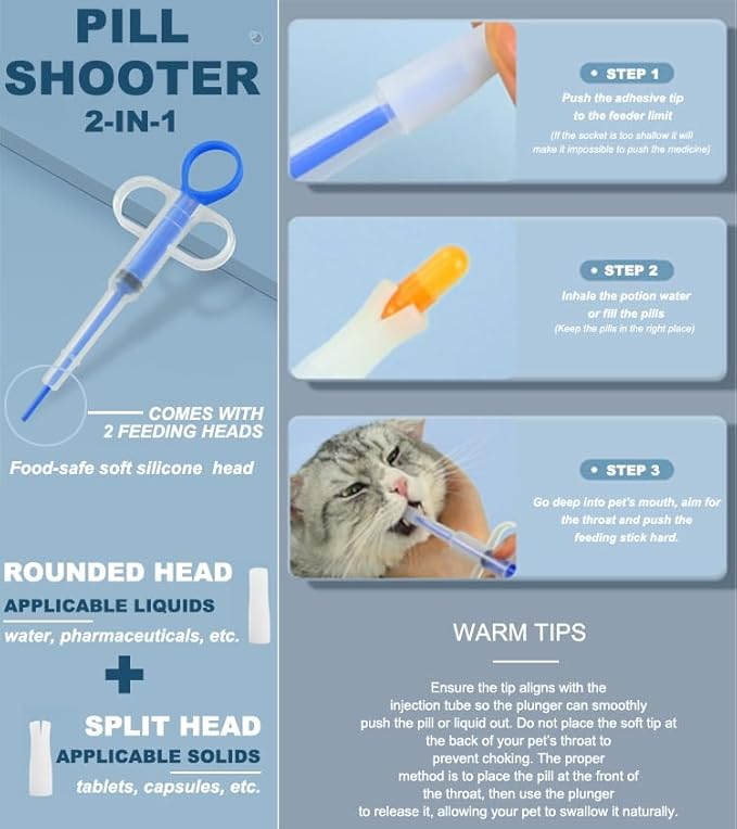 Cat Pill Shooter Kit 5 Pcs – Pet Piller Gun Dog, Pill Cutter Crusher, Soft Tip Syringe & Liquid Medicine Dispenser with 100ml Measuring Cup for Cats Dogs (2025 Upgrade)