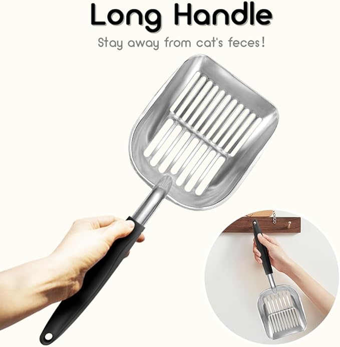 Cat Litter Scoop,Long Handle Cat Scooper,Aluminum Alloy Sifter Metal Scoop,Poop Sifting,Mesh Shovel,Suitable for Cat Litter Box, (Black)