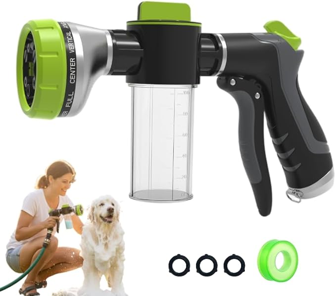 Dog Washing Hose Attachment, 10 Spray Modes and Adjustable Water Pressure Garden Hose Nozzle with Soap Dispenser for Dog Cat Bathing, Also Adopted in Watering Flowers, Pet Wash