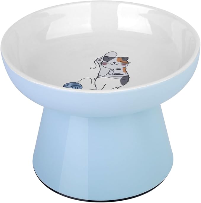 Elevated Cat Food Bowls,Ceramic Raised Cat Bowls with Non-Slip Base,Whisker Friendly Shallow Design for Dry & Wet Food,Anti Vomiting, Dishwasher Safe(Blue)