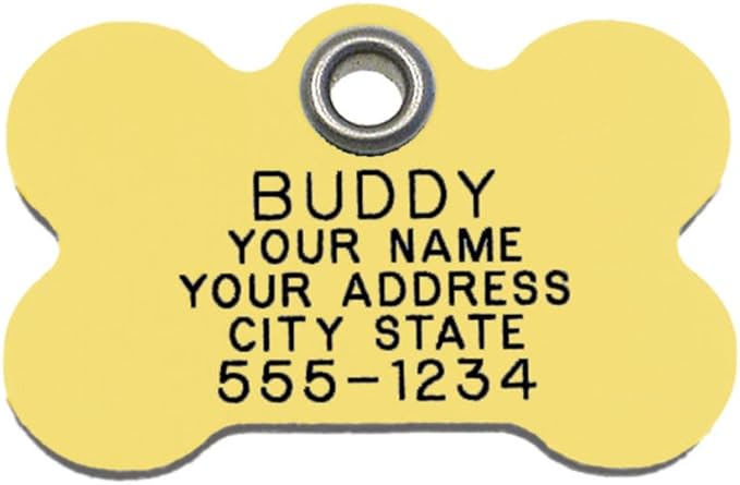 Durable Plastic Pet ID Tag, Outlasts Cheap Aluminum Tags for The Same Price, Custom Engraved, Small Yellow Bone