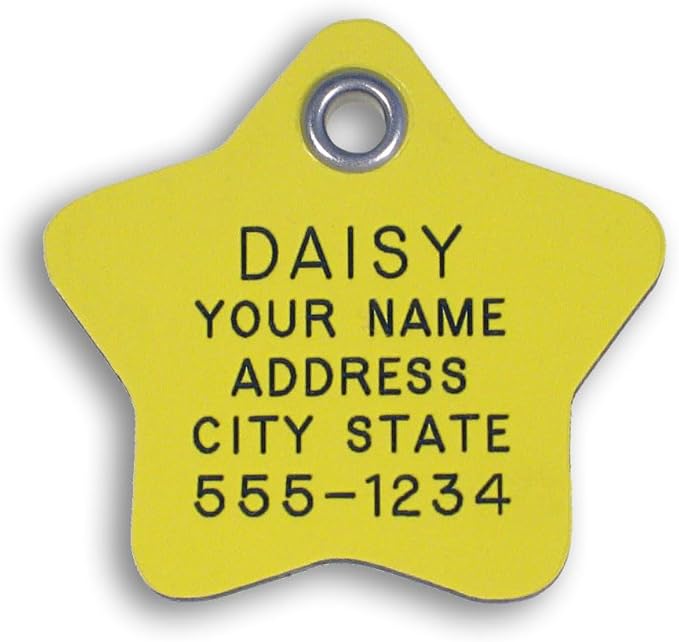 LuckyPet Plastic Pet ID Tags - Dog Personalized IDs - Durable Engraved Name Noiseless Tag - Suitable for Dogs and Cats - Outlasts Most Aluminum Tags - Large, Yellow Star