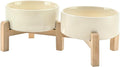 SPUNKYJUNKY Elevated Dog Bowls Ceramic, 5.1'' Dogs and Cat Food Water Bowls Raised with Non-Slip Bamboo Stand for Puppy Small Sized Breed Microwave Dishwasher Safe - 13.5 OZ,Beige