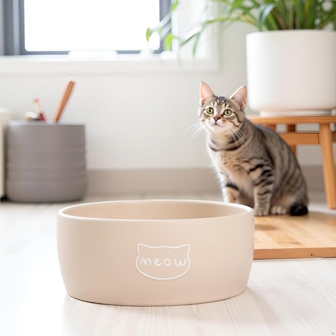 Pearhead Ceramic Cat Bowl – Neutral Taupe “Meow” Design, Holds 1.3 Cups, Stoneware Pet Dish, Whisker-Friendly Pet Feeding Bowl, Non-Skid, Small (Pack of 2)