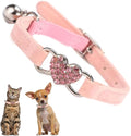 Pink Puppy Collar with Bell, Bling Rhinestone Heart Litte Dog Collar Soft Velvet Girl Cat Collars with Bells for XXS XS Tiny Pet Dogs Female Kitten