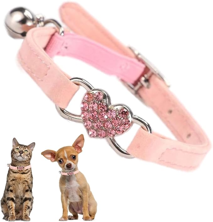 Pink Puppy Collar with Bell, Bling Rhinestone Heart Litte Dog Collar Soft Velvet Girl Cat Collars with Bells for XXS XS Tiny Pet Dogs Female Kitten