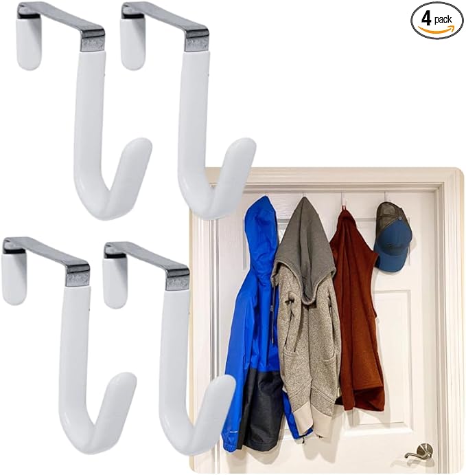 Evelots Over The Door Hooks - 4 Pack - Hangers for Clothes, Towel, Coats, Hats, Handbags - Made of Rubber Coated Steel - Closet, Bathroom, Office