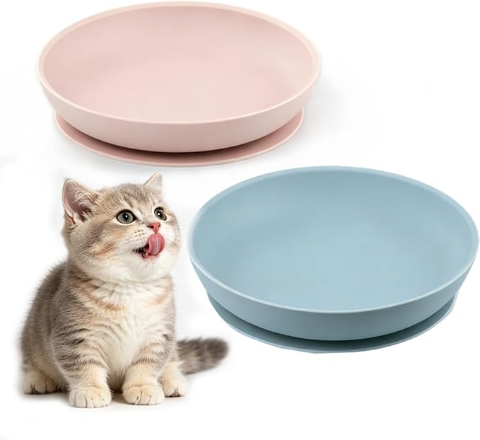 Meow&Woof Nonslip Pet Food Mat, 2 Pack Silicone Cat Food Bowl with Suction Cup Base, Shallow Dog Bowl, Waterproof Round Eating Tray for Dog Cat Puppy Kitten 7.8" x 7.8''