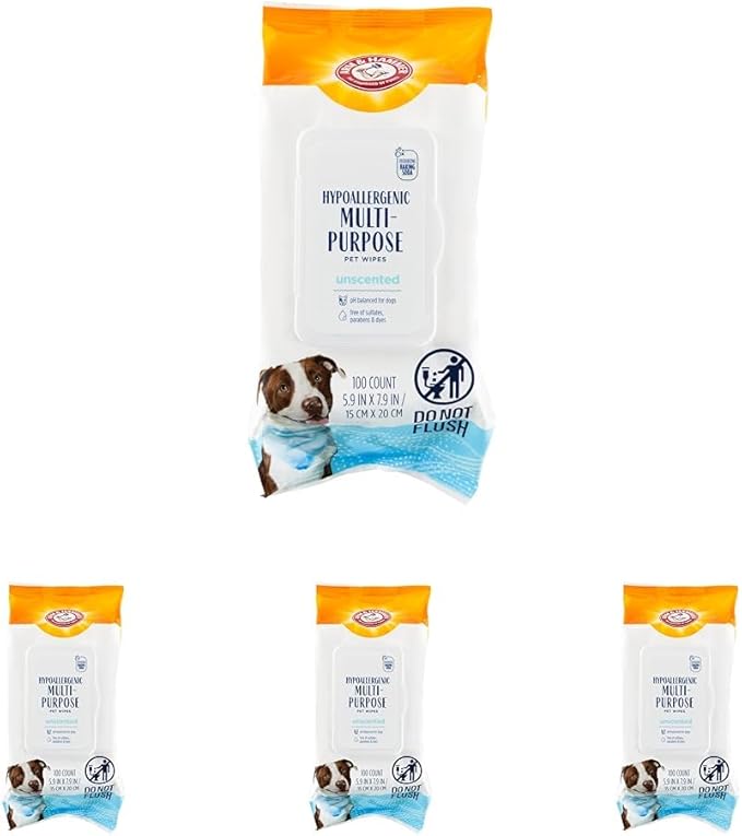 Arm & Hammer for Pets Hypoallergenic Wipes for Dogs - Best Odor Eliminating Waterless Cleaning for Dogs & Puppies, Unscented, 100 Count (Pack of 4)
