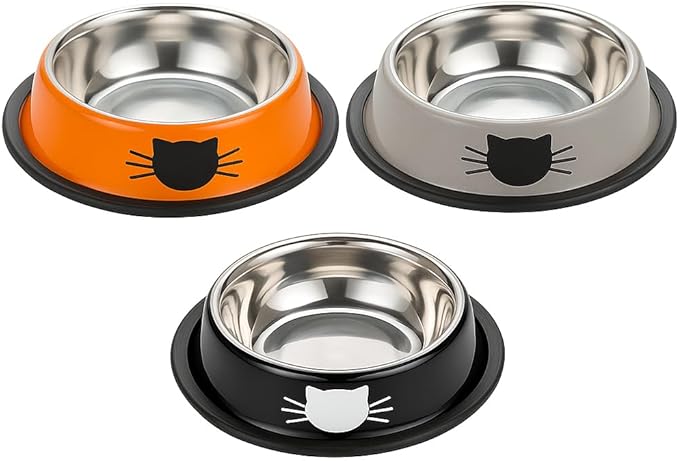 3 Pack Printed Stainless Steel Cat Bowls – 8.1 fl oz Anti-Skid Food & Water Cat Feeding Bowls|Cat Dish for Food and Water Bowl|Cat Feeding Bowl for Kitten (Grey, Black & Orange)