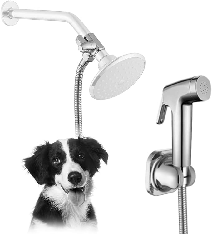 Dog Shower Attachment Kit with Handheld Sprayer – 8FT Flexible Stainless Steel Hose + Shower Arm Diverter – High Pressure Pet Bath Wand for Medium & Large Dogs, Long Thick Coat, Indoor All-Year Use