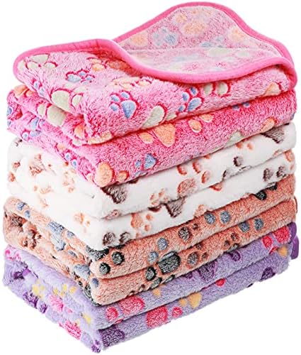 Tatuo 4 Pcs Dog Blanket for Pet Puppy Teething Toys Paw Print Fleece Blanket for Pet Cat Soft Warm Sleep Mat Guinea Pig Cage Mat(Medium(30 x 20.5 Inch),White, Coffee, Pink, Purple)