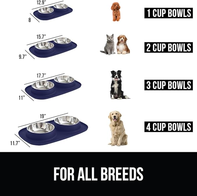 GORILLA GRIP Feeding Mat Set, Patent Pending 100% Waterproof BPA Free Silicone, Stainless Steel Cat and Dog Bowls, Slip Resistant, Edges Catch Water, Food, US Designed Pet Accessories, 1 Cup Navy Blue